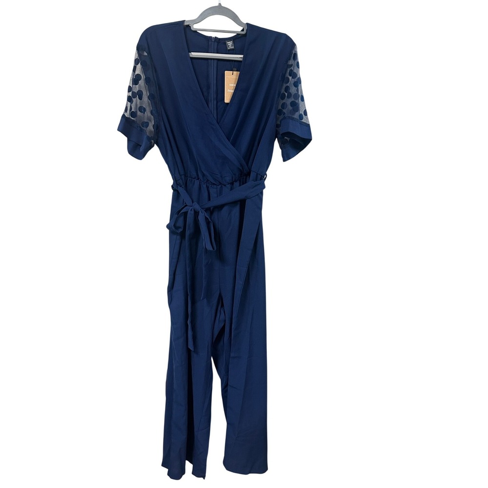 SHEIN Frenchy Navy Blue Polka Dot Sheer Sleeve Wrap V-Neck Jumpsuit Plus 2XL NWT